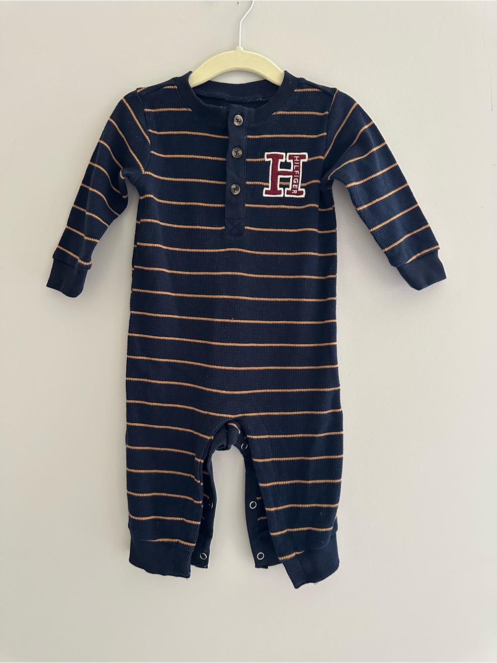 Tommy Hilfiger Baby Boys Waffle Knit Striped Henley Romper, Size 12M, Navy Tan
